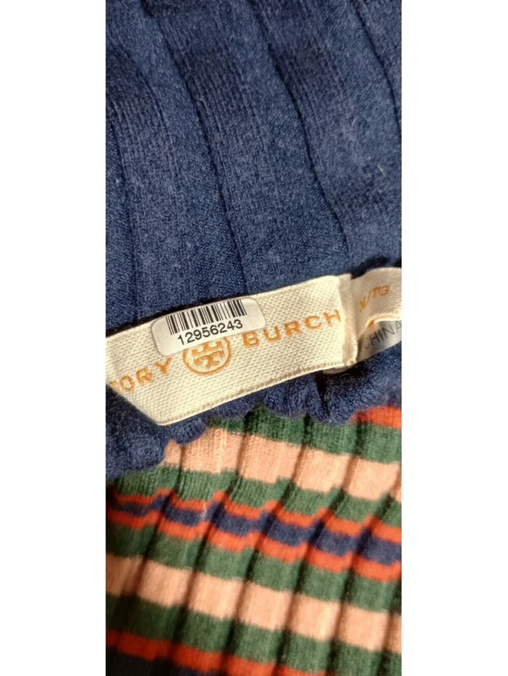 Tory Burch Striped Ribbed Turtleneck Sweater XL Blue Tan Merono Wool Stretch
